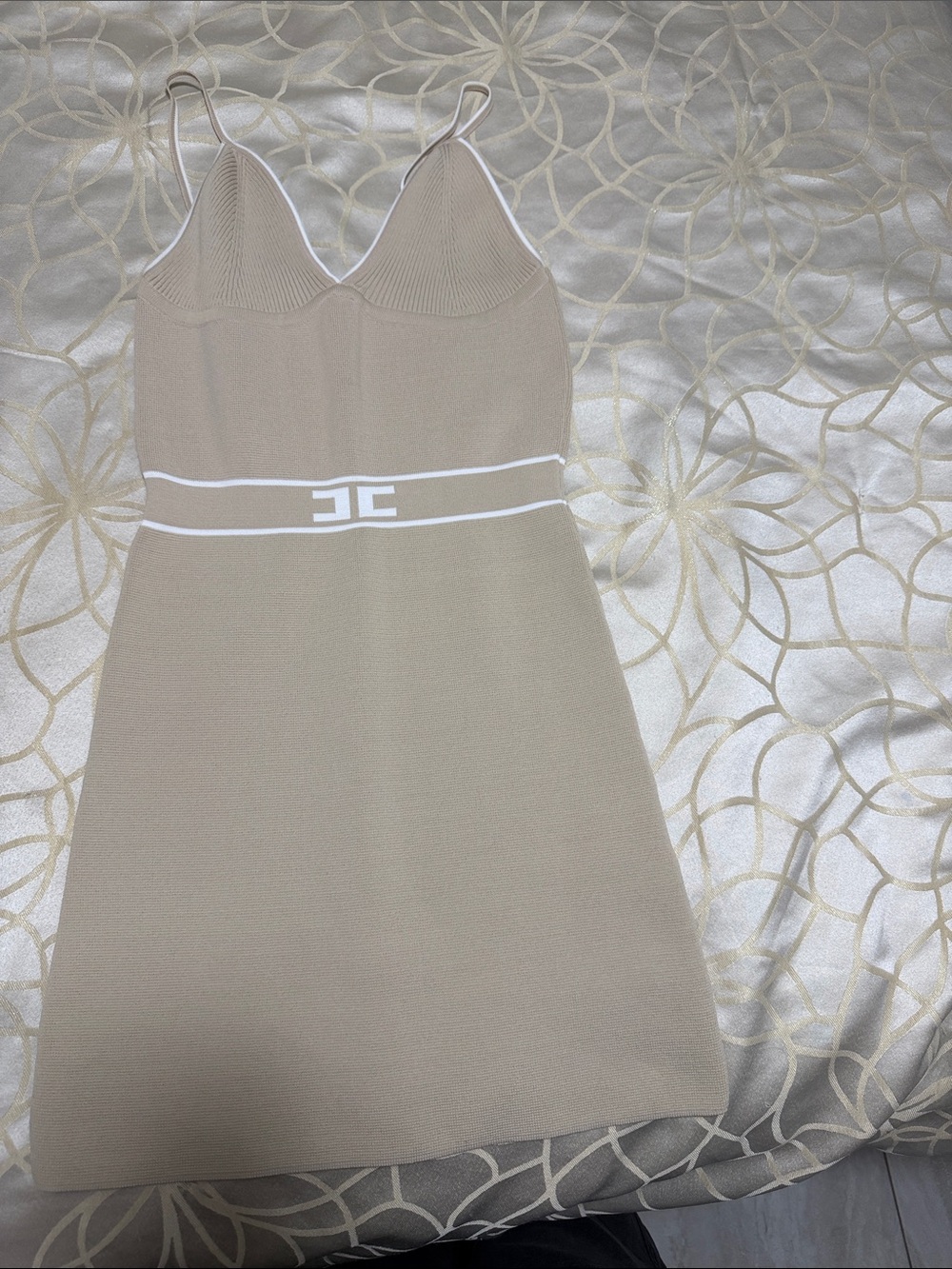 Beige Strappy Mini Dress with White Trim